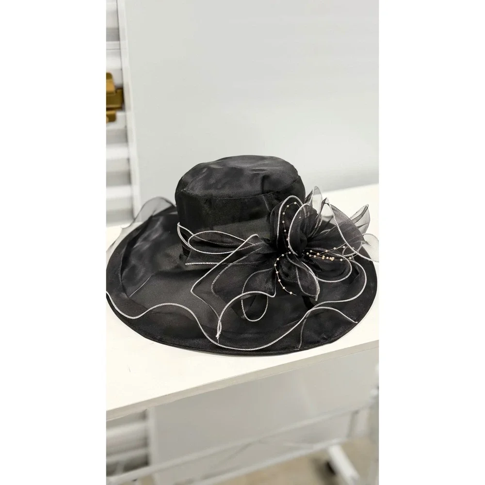 Womens Black Organza Wide Brim Sun Hat Church Wedding Tea Party Flower Detail